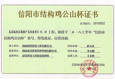 “息县城南区域棚户区改造项目5#、6#工程”被授予2018上半年“信阳市结构鸡公山杯”称号
