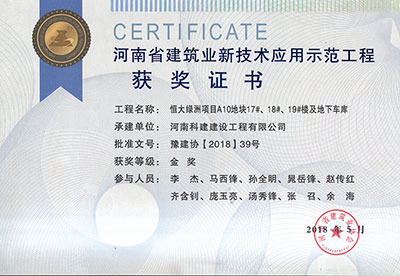 “恒大绿洲项目A10地块17#、18#、19#楼及地下车库工程”荣获“河南省建筑业新技术应用示范工程”金奖