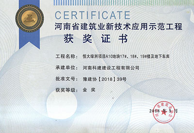 “恒大绿洲项目A10地块17#、18#、19#楼及地下车库工程”荣获“河南省建筑业新技术应用示范工程”金奖